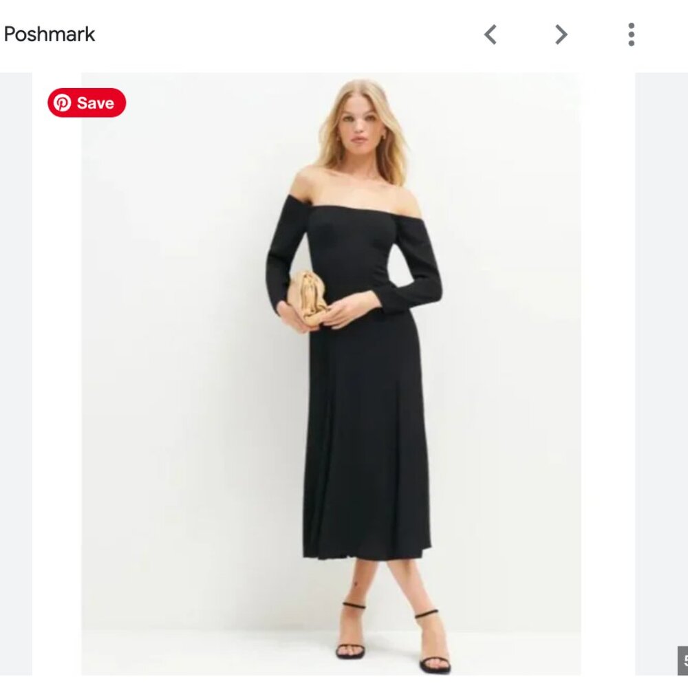 Reformation Ballari Dress - Off shoulder Black Midi - Picture 2 of 7